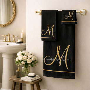 Conjunto De Toalhas Elegante Monograma Nome em Letra Cursiva Preta Dou