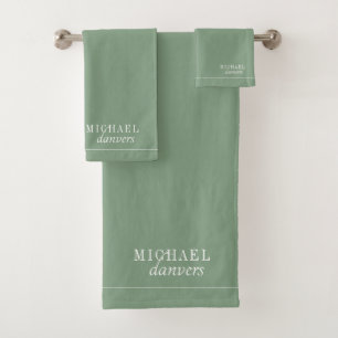 Conjunto De Toalhas Elegante Monograma White Name Sage Green