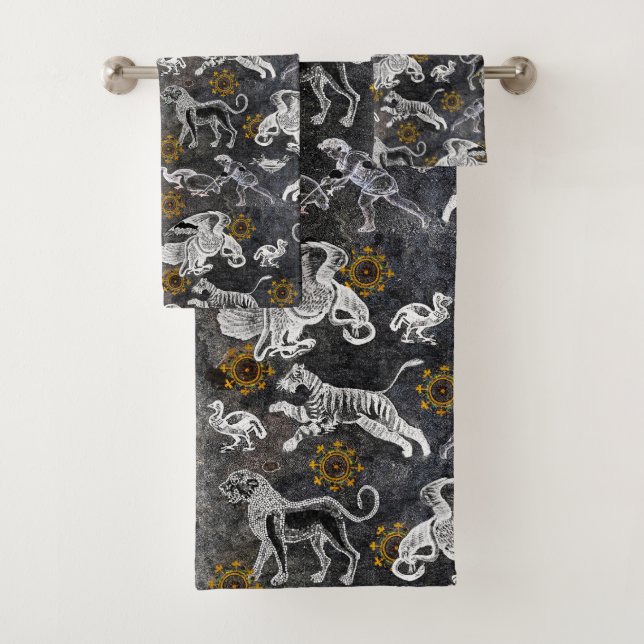 Conjunto De Toalhas Elegante Mosaico Negro Dourado Tigre Lion Eagle (Insitu)