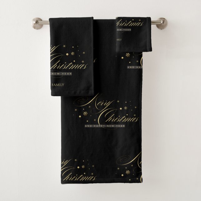 Conjunto De Toalhas Elegante Natal Alegre Script Dourado Preto (Insitu)