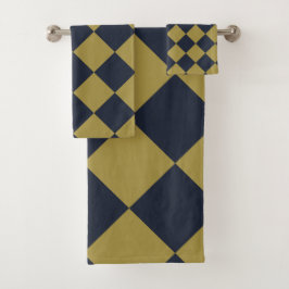 Conjunto De Toalhas Elegante Padrão de Diamante Dourado e Azul-Marinho