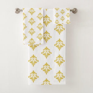 Conjunto De Toalhas Elegante padrão Fleur de Lis dourado em branco