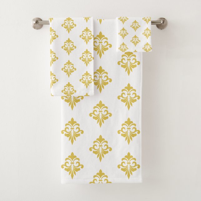 Conjunto De Toalhas Elegante padrão Fleur de Lis dourado em branco (Insitu)