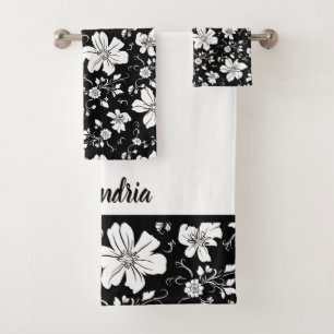 Conjunto De Toalhas elegante padrão floral monocromático preto branco