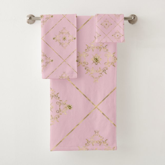 CONJUNTO DE TOALHAS ELEGANTE PINK DOURADO VICTORIANO BANTHROOM SET (Insitu)