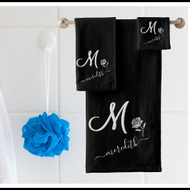 Conjunto De Toalhas Elegante Preto Branco Personalizado Nome do Monogr