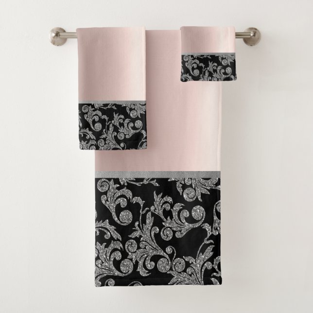 Conjunto De Toalhas Elegante Preto com Ondas Prateadas e Dourado Rosa (Insitu)