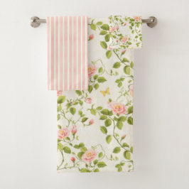 Conjunto De Toalhas Elegante Rosa Vinha e Listra