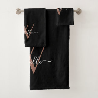 Conjunto De Toalhas Elegante Rose Gold Black Monogram Name Script