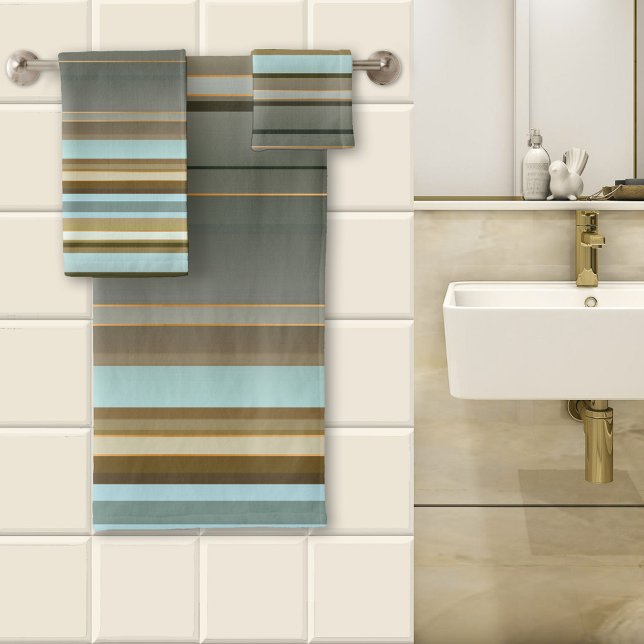 Conjunto De Toalhas Elegante Sandy Beach Rosa Dourado Padrão Striped (A beautiful striped bathroom towel set in a variety of beach colors with tiny rose gold lines)