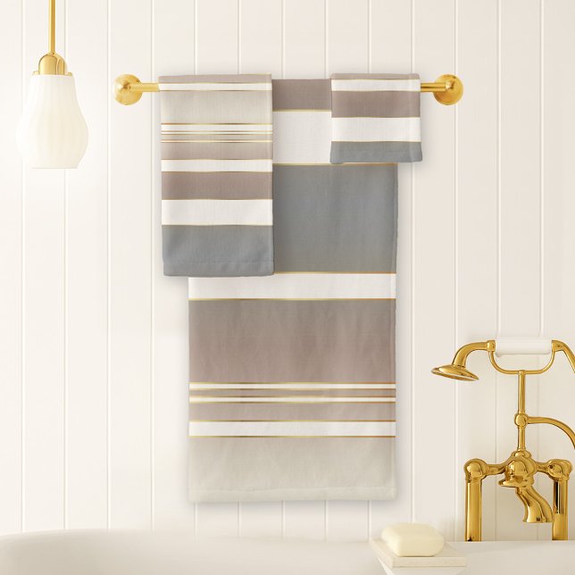 Conjunto De Toalhas Elegante Sandy Beach Striped Pattern (Striped bathroom towel set in a variety of beige and grey with ivory and tiny gold printed lines)