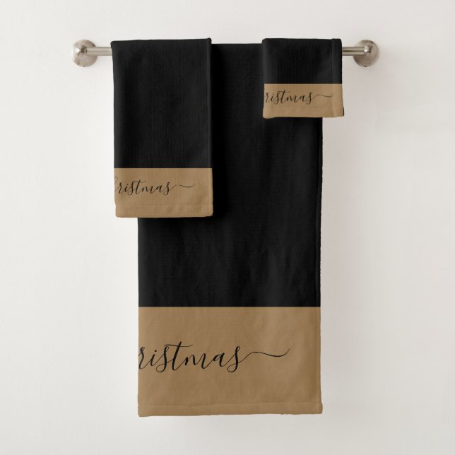 Conjunto De Toalhas Elegante script Merry Christmas dourado preto (Insitu)