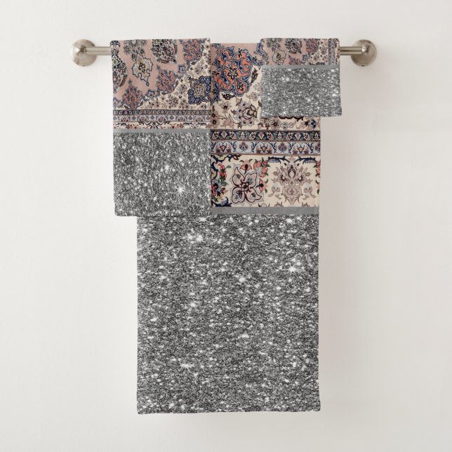 Conjunto De Toalhas Elegante Tapete Persa Turco com Brilho Prateado (Insitu)