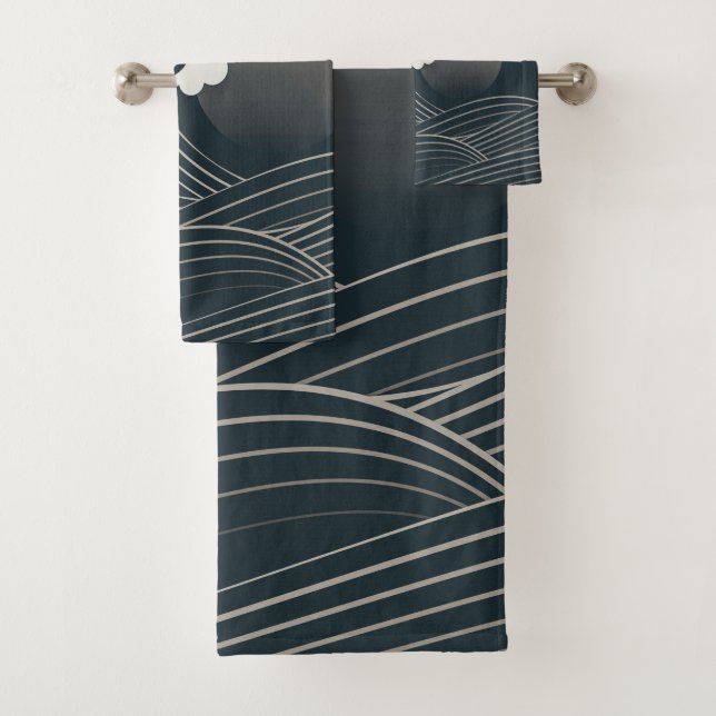 Conjunto De Toalhas Elegante Trabalho de arte branco e preto de ondas  (Insitu)