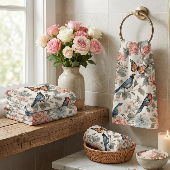 Conjunto De Toalhas Elegantes Aves Florais em Azul e Coral (Criador carregado)