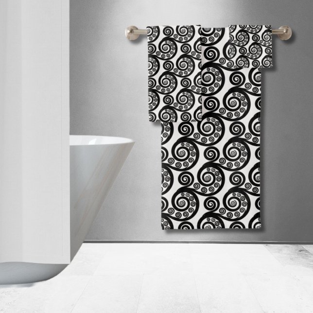 Conjunto De Toalhas Elegantes Cabelos Ondulados Preto e Branco Boho Fo (Elegant Boho Black White Botanical Fern Leaf Curls Bath Towel Set)