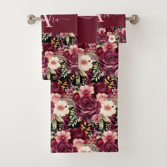 Conjunto de Toalhas Elegantes com Florais Burgundy (Insitu)