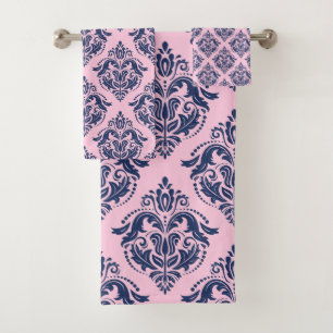 Conjunto De Toalhas Elegantes damascos vintage rosa em azul naval