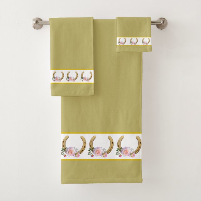 Conjunto De Toalhas Elegantes Ferraduras Douradas com Flores em Bege (Insitu)