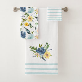 Conjunto De Toalhas Elegantes Flores Aquarela Rosas Azul Amarelo