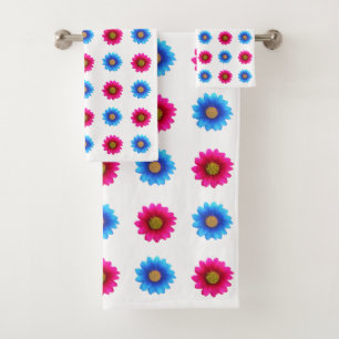 Conjunto De Toalhas Elegantes Flores Magenta e Turquesa em Branco