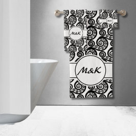 Conjunto De Toalhas Elegantes iniciais preto e branco Botânico Fronde