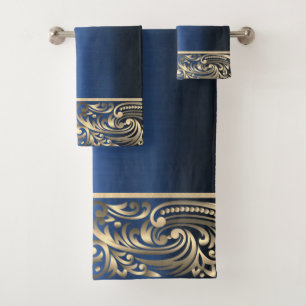 Conjunto De Toalhas Elegantes redemoinhos dourados em azul-marinho