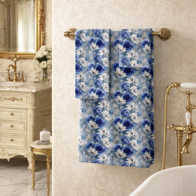 Conjunto De Toalhas Elegantes Rosas e Lírios Azuis e Brancos (Criador carregado)