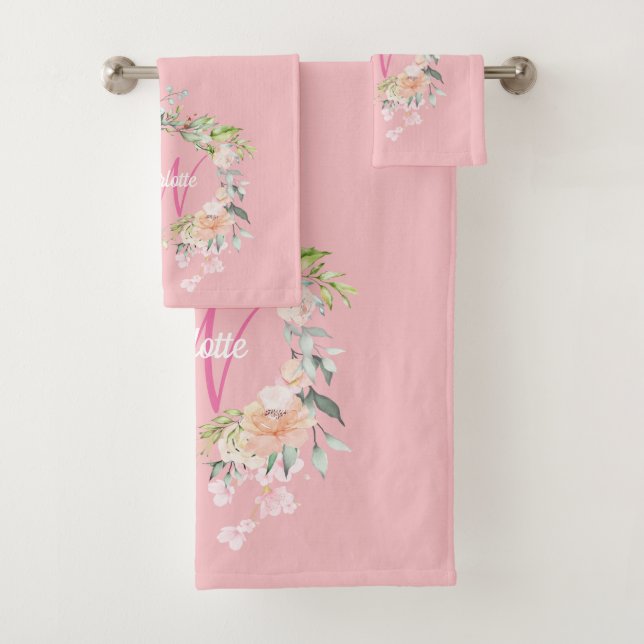Conjunto De Toalhas Elegantes Rosas Florais Rosa Script Monograma (Insitu)