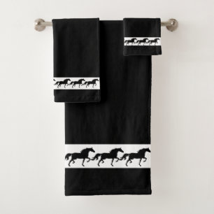 Conjunto De Toalhas Elegantes Silhuetas de Cavalos Pretos em Preto