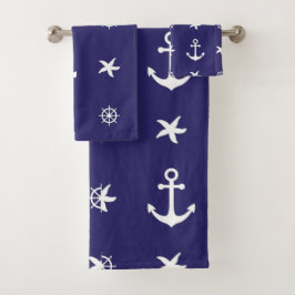 Conjunto De Toalhas Elementos Marinhos Brancos Náuticos no Azul Marinh