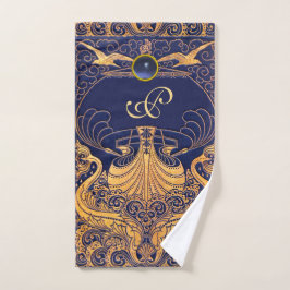 Conjunto De Toalhas Embarcação Antica,Golfinhos,Dourado,Monograma Azul