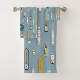 Conjunto De Toalhas Embarcações náuticas No rio monograma azul