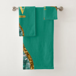 Conjunto De Toalhas Emerald Green & Dourado Agate Geode Glitter Monogr