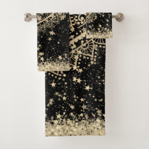 Conjunto De Toalhas Encantando Mandala com Douradas Estrelas em Preto