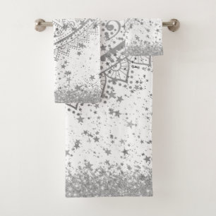 Conjunto De Toalhas Encantando Mandala com Estrelas de Prata em Branco