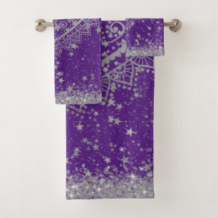 Conjunto De Toalhas Encantando Mandala com Estrelas de Prata em Roxo