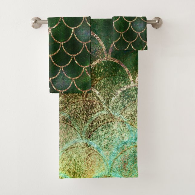 Conjunto De Toalhas Escamas de Peixe Sereia Brilho Verde e Dourado (Insitu)