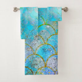 Conjunto De Toalhas Escamas de sereia com brilho azul iridescente lind