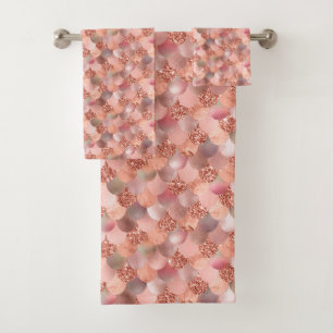 Conjunto De Toalhas Escamas de sereia em Rose Gold Brilhante Rosa Bril