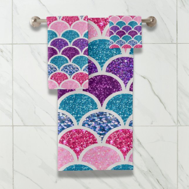 Conjunto De Toalhas escamas de sereia roxa-rosa-turquesa-aqua (aqua turquoise pink purple mermaid scales bath towel set)