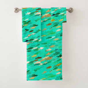 Conjunto De Toalhas Escola de Peixes, Aqua, Verde e Dourada