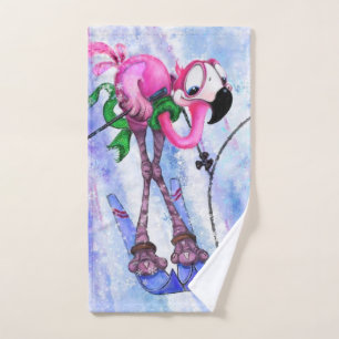 Conjunto De Toalhas Esquiador Flamingo Rosa Engraçado - Quadrinha de 