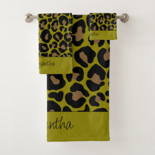 Conjunto De Toalhas Estampa animal leopardo verde oliva preto nome per