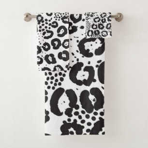 Conjunto De Toalhas Estampa Animal Preto Branco Leopardo da Neve Guepa
