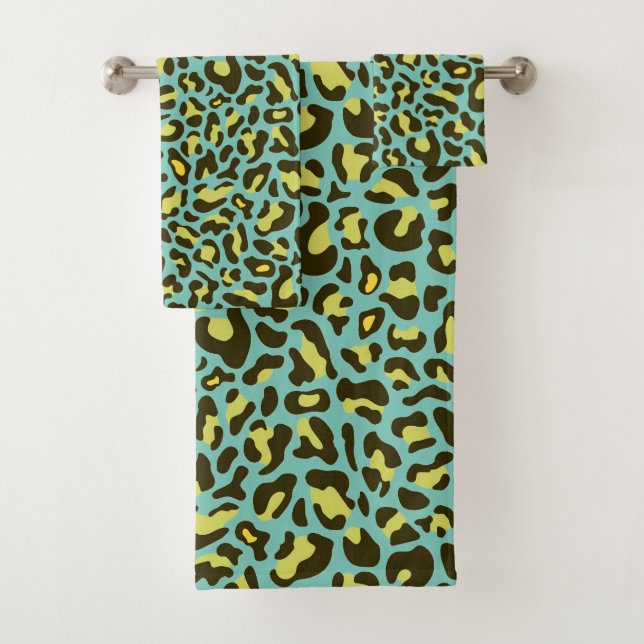 Conjunto De Toalhas Estampa de leopardo azul turquesa e amarelo na mod (Insitu)