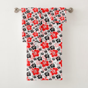 Conjunto De Toalhas Estampa Floral Hibisco Tropical Preto Vermelho