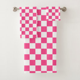 Conjunto De Toalhas Estampa Xadrez Rosa e Branco