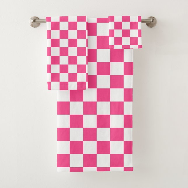 Conjunto De Toalhas Estampa Xadrez Rosa e Branco (Insitu)