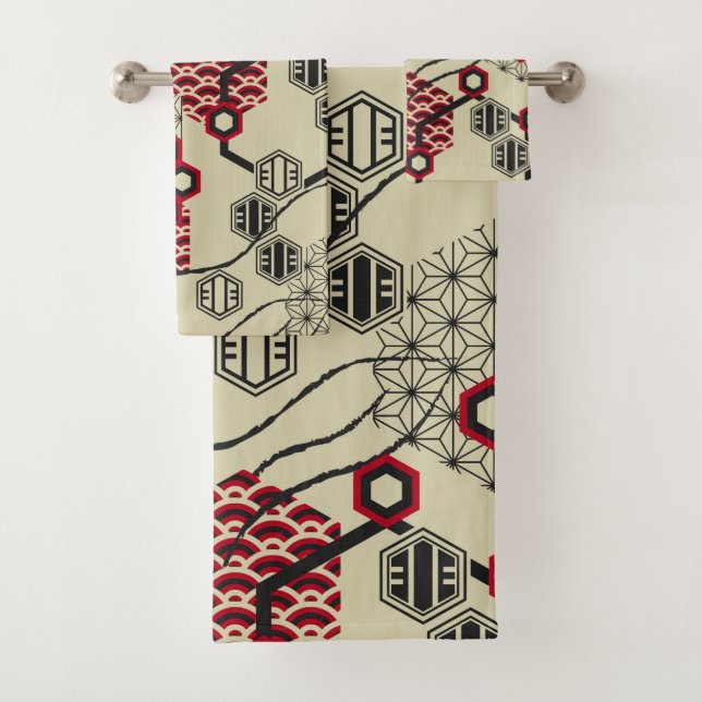 Conjunto De Toalhas Estilo asiático padrão vermelho e preto (Insitu)